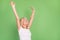 Photo portrait elder woman smiling relaxing after hard day overjoyed isolated on pastel green color background