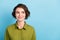 Photo portrait of friendly female millennial wearing short wavy hair and formal outfit looking at side smiling isolated