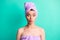 Photo portrait funny woman turban on head doing spa procedures send air kiss pouted lips isolated bright teal color