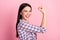 Photo portrait of girl in casual clothes smiling strong feminist showing biceps isolated on pastel pink color background