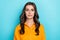 Photo portrait of gorgeous young woman confident calm smile dressed stylish yellow smart casual clothes  on blue