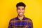 Photo portrait of handsome guy wearing checkered shirt smiling cheerful toothy isolated on vivid yellow color background