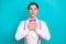 Photo portrait of handsome young guy touch chest frightened reaction wear trendy pink garment isolated on cyan color