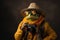 Photo portrait of happy frog wearing travel clothes, created with Generative AI technology