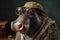 Photo portrait of happy hippopotamus wearing travel clothes, created with Generative AI technology