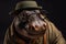 Photo portrait of happy hippopotamus wearing travel clothes, created with Generative AI technology