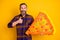 Photo portrait of happy smiling man showing like sign big pizza paper collage cheerful isolated on vibrant yellow color