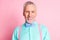 Photo portrait of happy smiling old man wearing nice shirt bowtie and suspenders isolated on pink color background