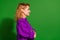 Photo portrait of lovely young lady profile crossed hands confident dressed stylish violet clothes isolated on green
