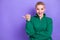 Photo portrait of overjoyed crazy funny reaction blonde short hair girl wear green jumper point thumb mockup news