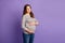 Photo portrait of pregnant dreamy woman isolated on vivid violet colored background