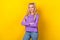 Photo portrait of pretty young girl confident pose specialist crossed arms wear trendy purple garment isolated on yellow