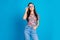 Photo portrait of pretty young girl sunglass posing model wear trendy colorful clothes isolated on blue color background