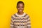 Photo portrait of pretty young toothy beaming positive shiny girl wear stylish colorful sweater isolated on yellow color