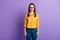 Photo portrait of serious calm female worker wearing spectacles isolated on bright violet color background