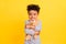 Photo portrait small boy cute cuddling soft teddy bear looking copyspace isolated vibrant yellow color background