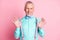 Photo portrait of smiling metrosexual with white beard keeping suspenders wearing shirt bowtie isolated on pink color