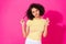 Photo portrait of upset young girl unruly hair need help dressed stylish yellow striped clothes isolated on shine pink