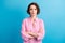 Photo portrait of wavy serious charming business lady dressed formal pink shirt arms crossed  blue color