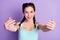 Photo portrait of young woman wearing singlet braids meeting friend isolated on pastel violet color background