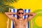 Photo of positive charming shirtless man dark glasses having rest lounge chair arms behind head isolated yellow color