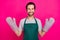 Photo of positive chief cooker man prepare start breakfast meal wear mittens apron t-shirt isolated pink color