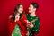 Photo of positive cute couple wife husband sharing gifts enjoying miracle fairy time favorite season isolated on red