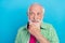 Photo of positive happy minded old man look empty space creative plan isolated on pastel blue color background