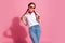 Photo of positive sweet lady dressed cowboy outfit dark red eyewear empty space isolated pink color background