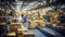 a photo of a post delivery service warehouse shelves filled with cardboard boxes and packages packets moving on a conveyor belt