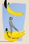Photo poster of young funny carefree lady jumping hold yellow fresh organic healthy nutrition banana eat fruits isolated