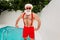 Photo of powerful pensioner santa claus lifeguard on private rest relax tropical spa hotel x-mas celebration