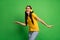 Photo of pretty brown haired young lady sing dance love music funky isolated on green color background