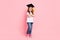 Photo of pretty confident small girl crossed hands wear hat eyewear white t-shirt  pink color background