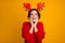 Photo of pretty crazy overjoyed lady winter holidays concept arms on cheekbones friends arrange party wear decor