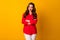 Photo of pretty curly business lady bright pomade bossy person friendly smiling teeth arms crossed wear office red shirt