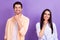 Photo of pretty dreamy married couple wear shirts arms chins looking empty space isolated violet color background