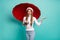 Photo of pretty excited lady hold big red umbrella hold open arm novelty advert product low price offer wear specs pink