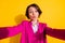 Photo of pretty impressed young woman dressed pink suit recording self video isolated yellow color background