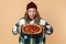 Photo of pretty pleased woman holding box with pizza and smiling