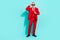 Photo of pretty retired man wear red three piece suit arm dark eyewear smiling  turquoise color background