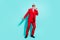 Photo of pretty retired man wear red three piece suit dark eyewear dancing  turquoise color background