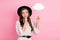 Photo of pretty thoughtful young lady wear white outfit cap holding mind cloud looking empty space isolated pink color