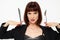 photo pretty woman knife and fork in hands emotions posing  background