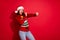 Photo of pretty youth lady good mood event dancer advent miracle jolly isolated over red color background