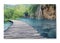 Photo printed on canvas, white background. Wooden bridge over lake and beautiful view of waterfall