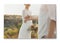 Photo printed on canvas, white. Happy newlyweds with beautiful bouquet outdoors, closeup