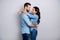 Photo profile side view of comfort cozy beautiful couple affectionate passionate delighted in denim clothing isolated on