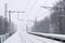 Photo of the railway station in the suburbs or the countryside. The railroad runs between dense rows of trees. Snow-covered platf