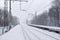 Photo of the railway station in the suburbs or the countryside. The railroad runs between dense rows of trees. Snow-covered platf